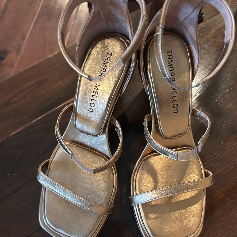Tamara Mellon Gold Stiletto Sandals with Ankle Strap